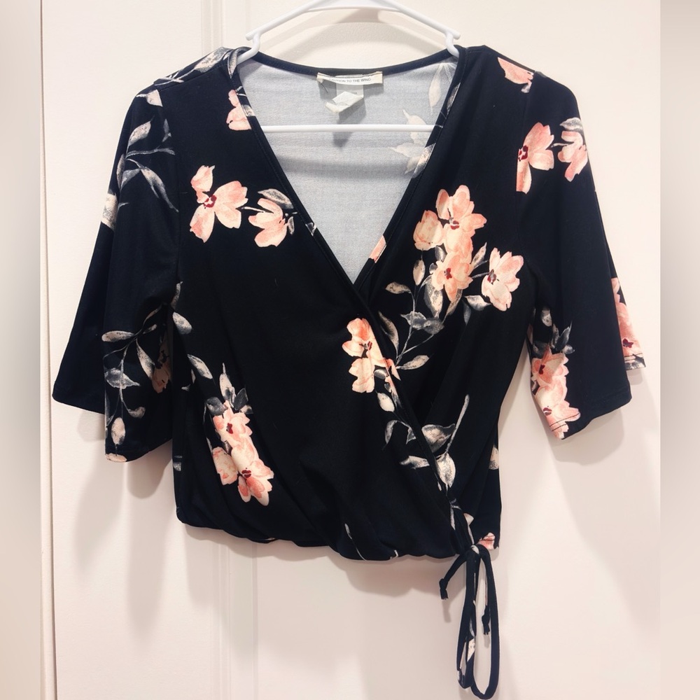 Boho Floral Wrap Top - Black and Pink